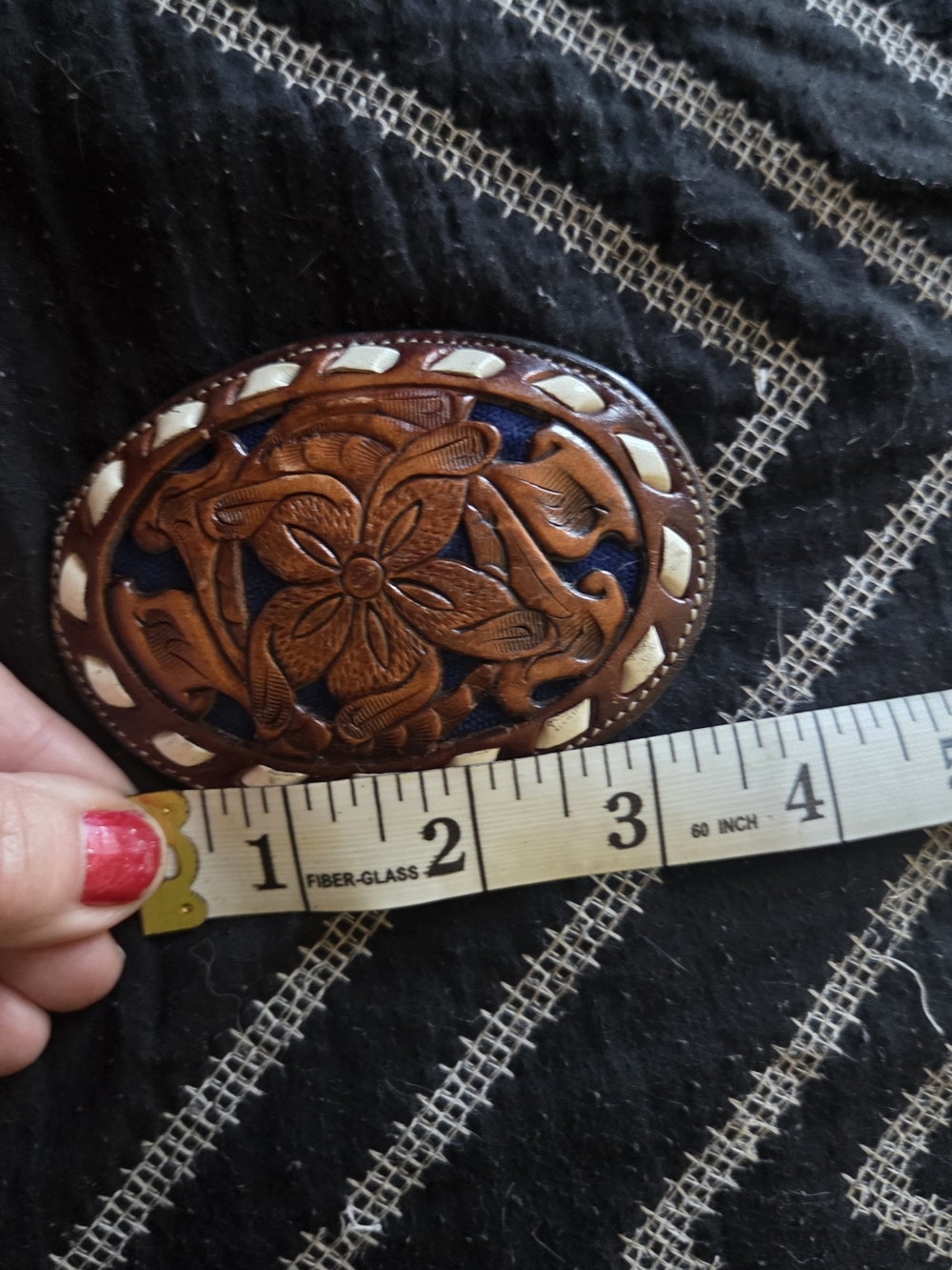 Tony Lama Brown Tooled Leather Floral Belt Buckle with Cream Inset